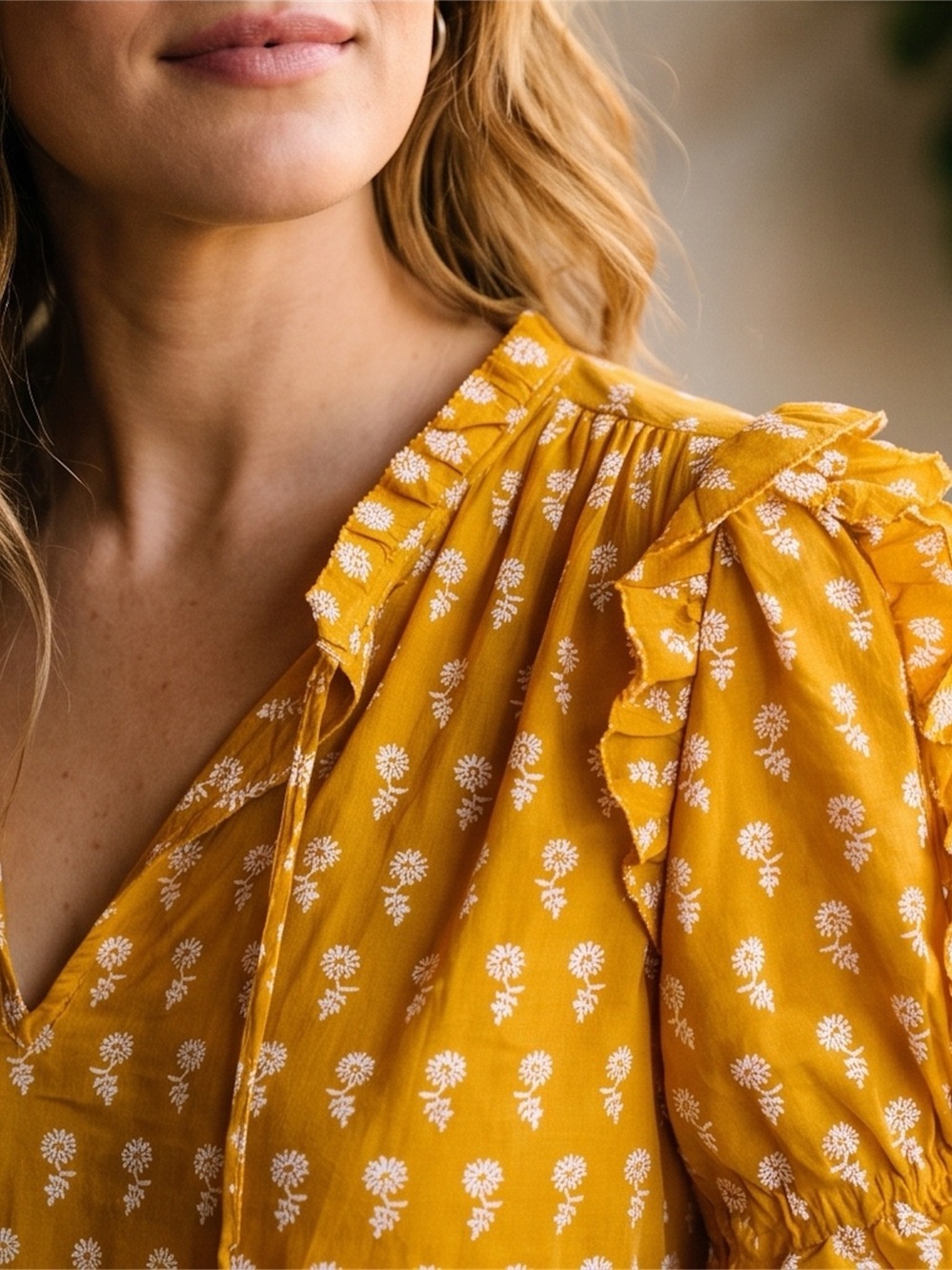 J. Crew Mustard Yellow Floral Ruffle Blouse